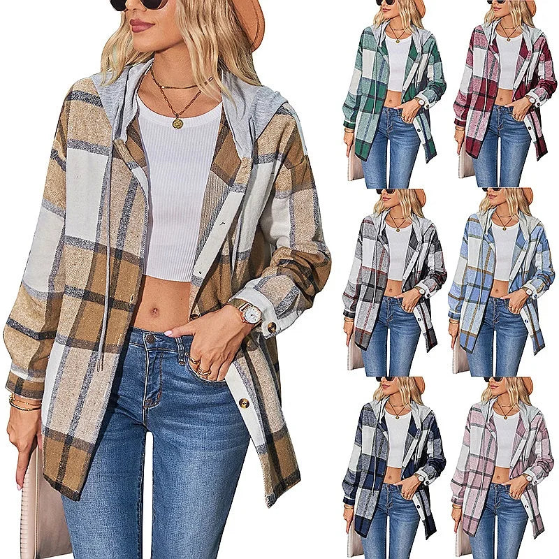 Women Hooded Plaid Wool Coat Blouse Top Spring Summer Fashion Outerwear Pi-Mart