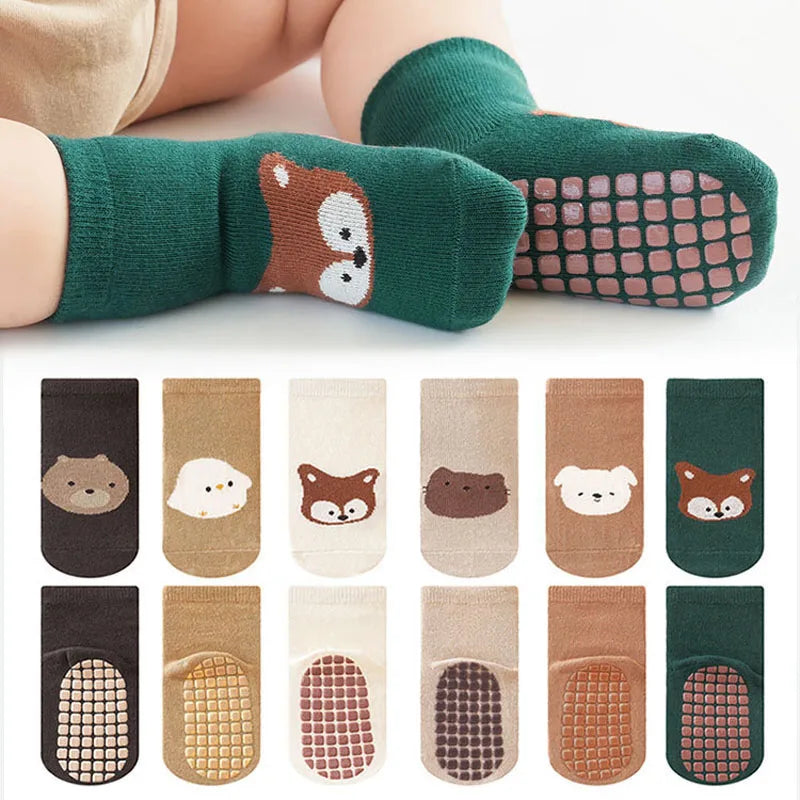 6 Pairs Kids Non-Slip Socks Cute Cartoon Fox and Bear Pattern Childrens Boys Girls Floor Socks Comfortable for Toddler Pi-Mart