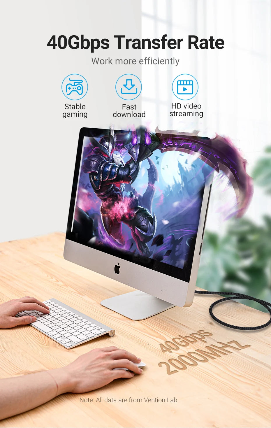 Vention CAT8 Ethernet Cable 40Gbps 2000MHz CAT 8 Networking Cotton Braided Internet Lan Cord for Laptops PS 5 Router RJ45 Cable Pi-Mart