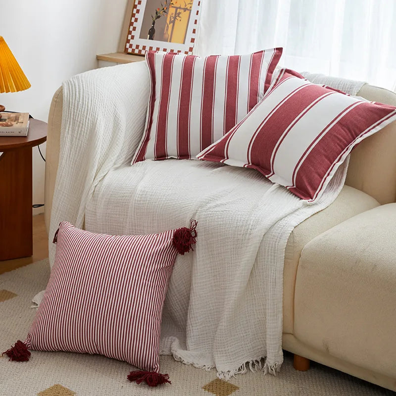 Classical Striped Cushion Cover 45x45cm Hawthorn Red Ivory Recycle Polyester Fabric Pillow Cover Indoor Outdoor Home Decoration Pi-Mart