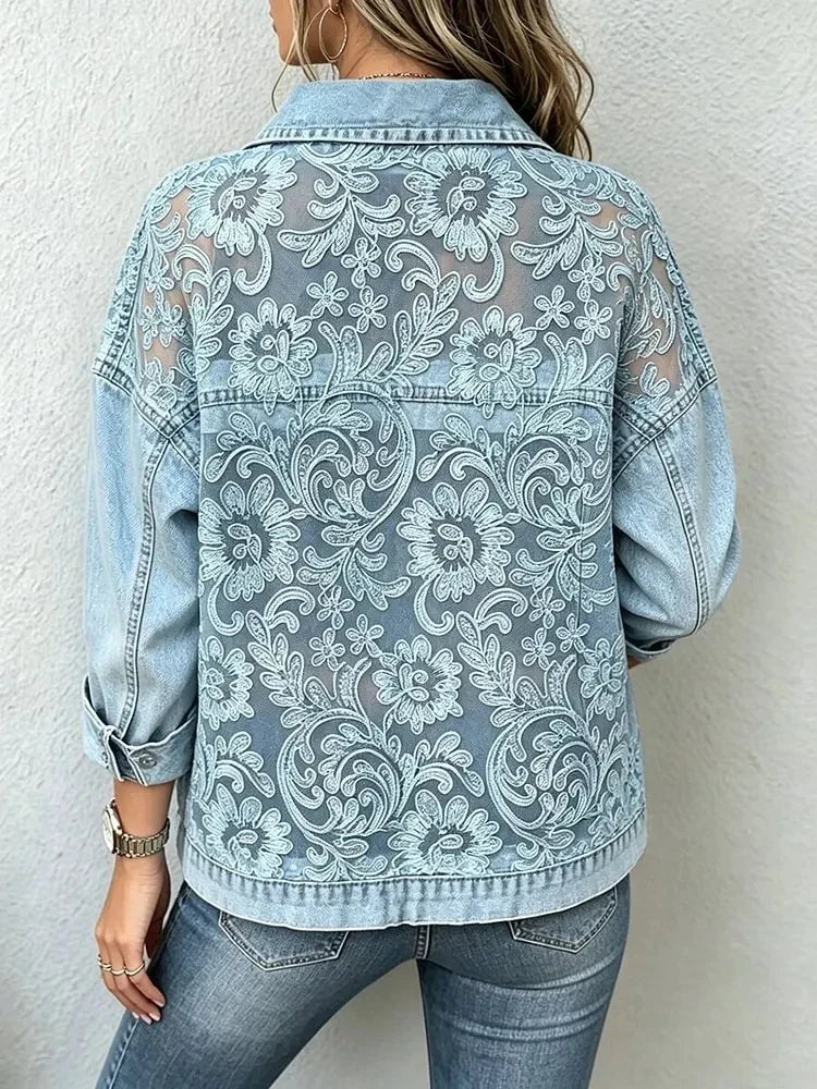 2026 New Women Lace Spliced Denim Jacket Loose Casual Lapel Long Sleeve Single Breasted Short Coat Fashion Streetwear Outerwear LadyShow.Store