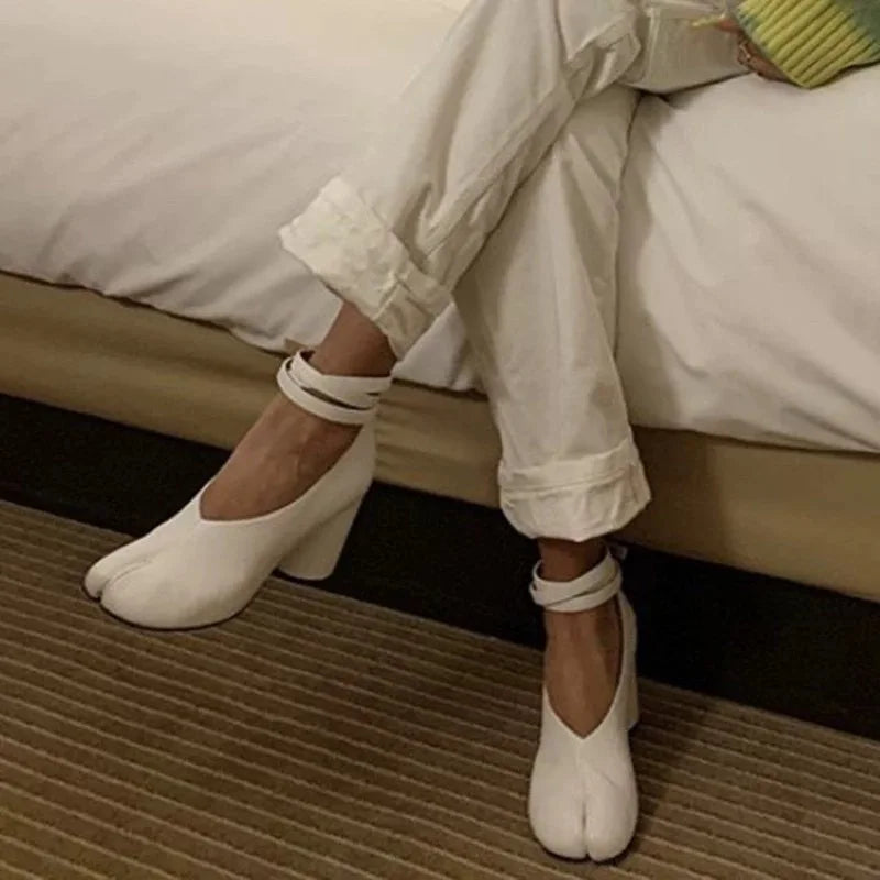Ins style Vintage Soft Leather Split Toe Tabi Women Pumps Fashion Ankle Strap Thick High heels Spring Autumn Casual Chunky Shoes LadyShow.Store