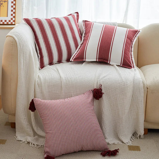 Classical Striped Cushion Cover 45x45cm Hawthorn Red Ivory Recycle Polyester Fabric Pillow Cover Indoor Outdoor Home Decoration Pi-Mart