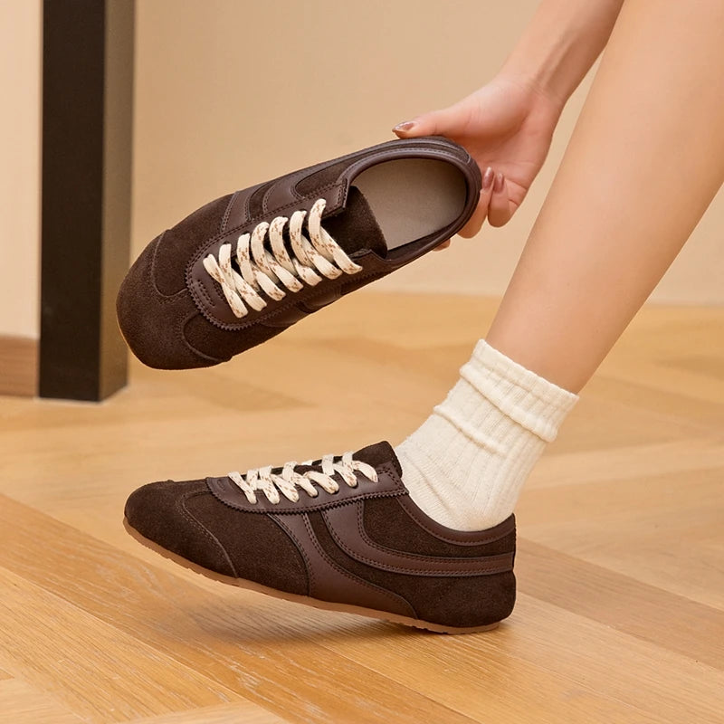 German Training Shoes Women 2026 New Genuine Leather Women Sneakers Flat Lace-up Retro Large Size Forrest Gump Shoes Women Pi-Mart