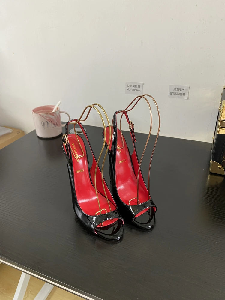 Black Fish Mouth Open toed Ultra High Heels 12cm Rear Tripstrap Thin Heel European and American Sexy Women's Large Sandals Pi-Mart