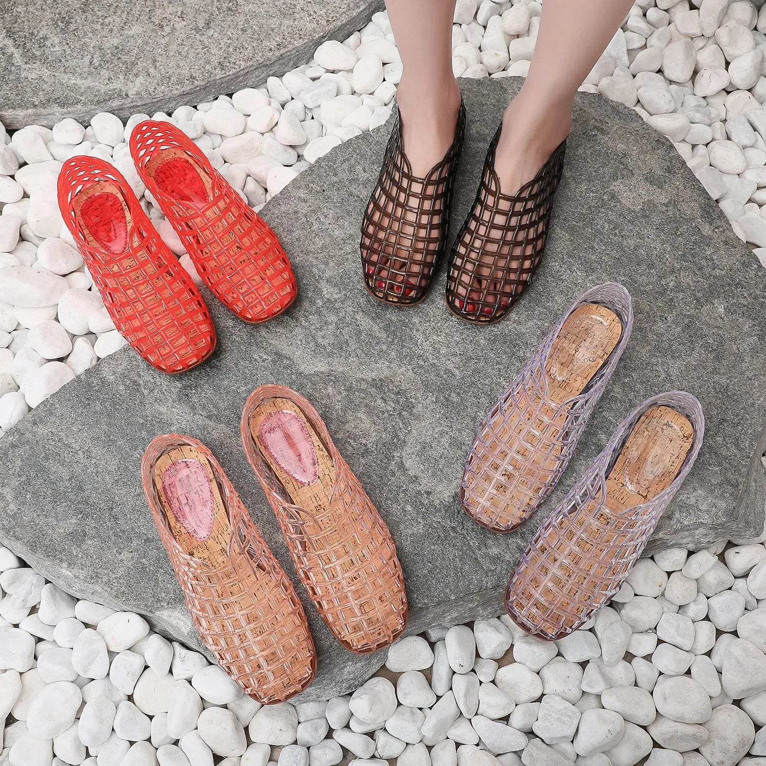 New 2026 Women Leisure Jelly Sandals Cut-out Soft PVC Breathable Summer Flat Shoes Close Toe Female Street Flats LadyShow.Store