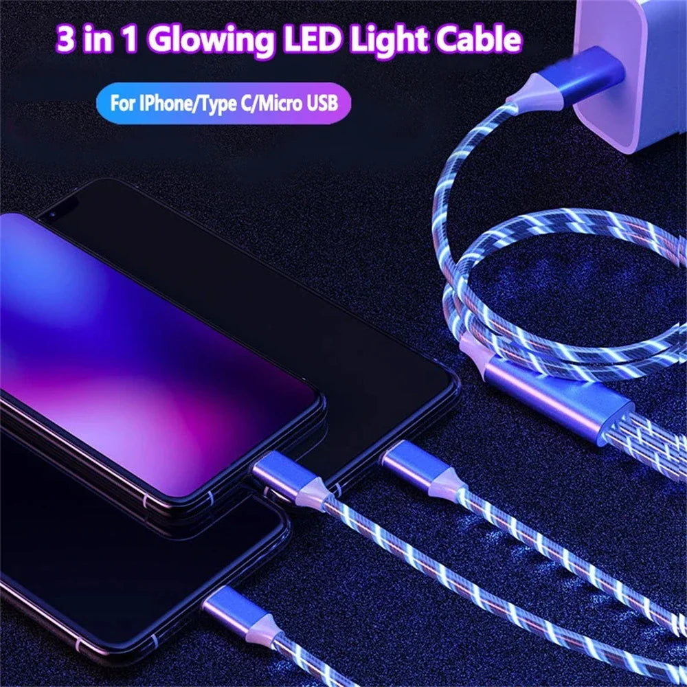 Glowing LED Light USB 3 IN 1 cable Phone Fast Charging Charger Luminous Type C Cable For Xiaomi iPhone Phone Accessories Pi-Mart