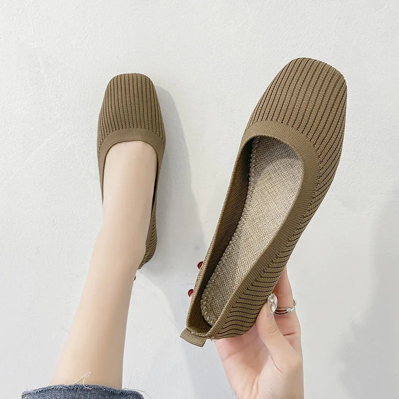Women Leisure Flats Summer Autumn Flat Shoes Breathable Knitted Square Toe Slip-on Female Daily Walking Driving Loafers Pi-Mart