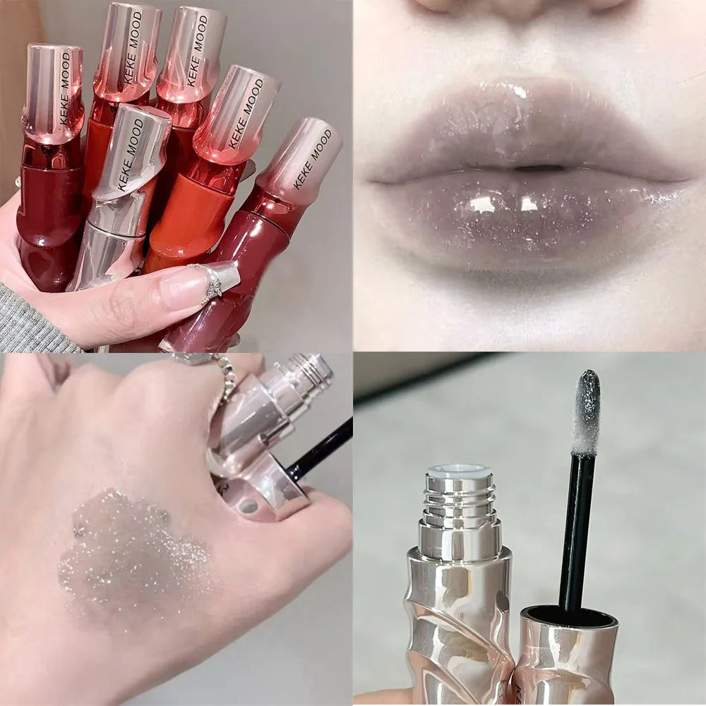 Crystal Nude Gray Glossy Lip Stain Mirror Korean Lip Glaze Sheer Nude Glitter Lip Tint Watery Shine Plumping Lipgloss Cosmetics Pi-Mart