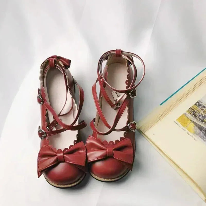 Lolita Shoes Women Flats Low Round With Cross Straps Bow Cute Girls Princess Tea Party Shoes Students Lovely Shoes Size 34-41 LadyShow.Store