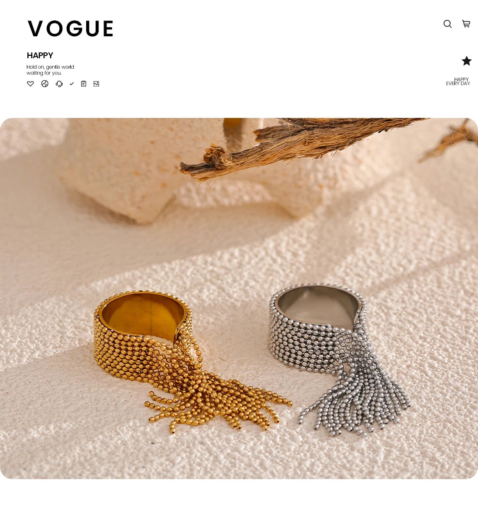 Yhpup Statement Stainless Steel Chain Tassel Finger Ring Adjustable 18K PVD Plated High Quality Charm Stylish Golden Jewelry Pi-Mart