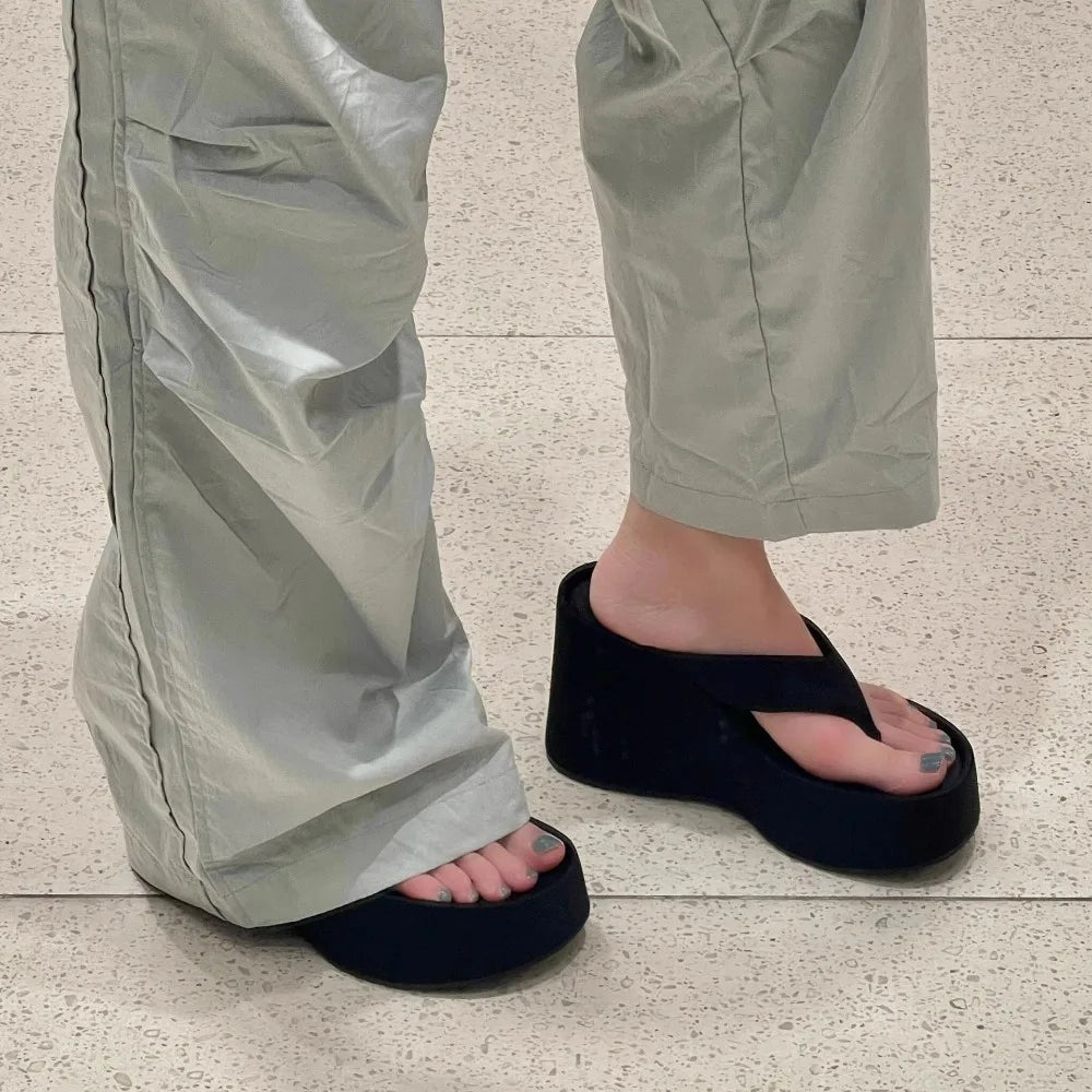 Women Slippers Height Increase Thick Soled Flip Flops Women's Summer Outside Pinch Feet Slippers Women Wedge Heel Sandals LadyShow.Store
