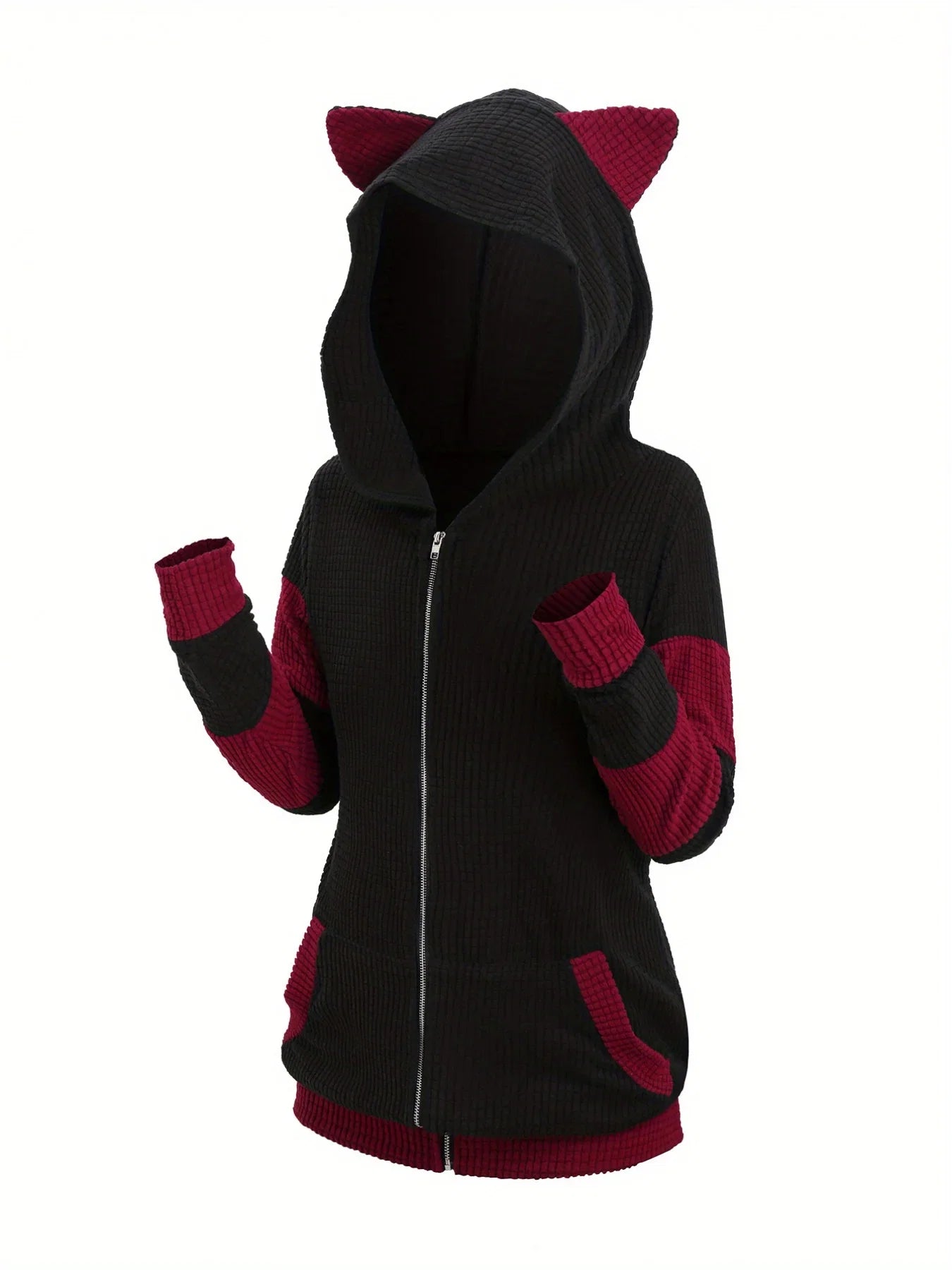 2024 European and American fashion women's new thick cat ears in autumn and winter long color matching hooded sweater coat LadyShow.Store