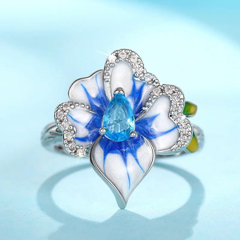 Huitan Gorgeous Creative Rings with Blue Flower Designed Elegant Temperament Party Jewelry for Women Delicate Finger Accessories Pi-Mart