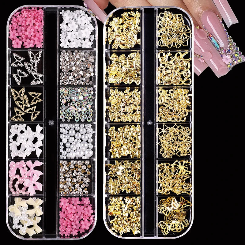 24-Piece 3D Y2K Millennial Nail Art Decoration Set, Assorted Rhinestones, Pearls, Butterfly, Heart & Flower DIY Nail Charms Pi-Mart