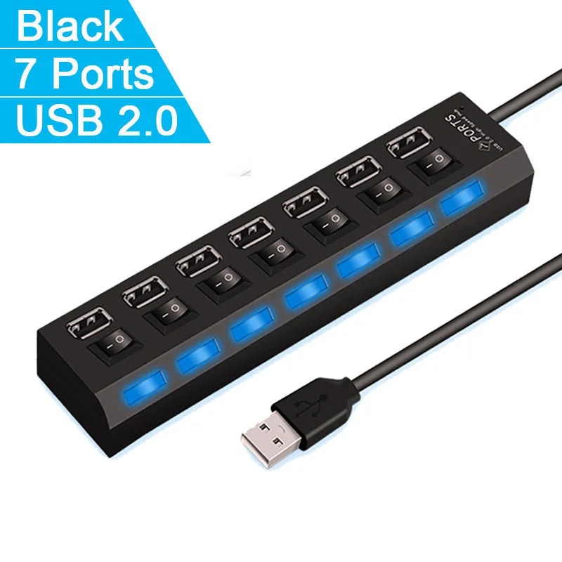 High Speed 4/7 Ports USB HUB 2.0 Adapter Expander Multi USB Splitter Multiple Extender with LED Lamp Switch for PC Laptop Pi-Mart