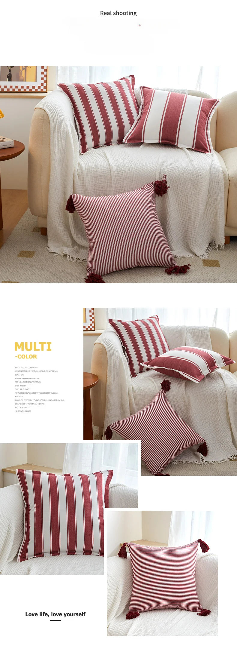 Classical Striped Cushion Cover 45x45cm Hawthorn Red Ivory Recycle Polyester Fabric Pillow Cover Indoor Outdoor Home Decoration Pi-Mart