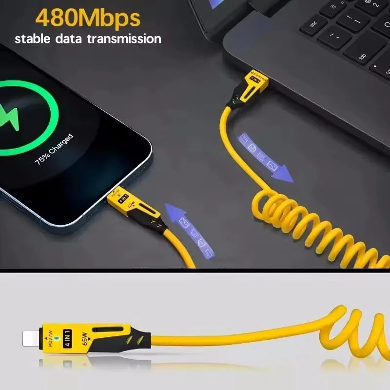 2PCS 4 in 1 65W Spring Short Data Cable 6A USB Type C Spring Telescopic Quick Charger Wire Spring USB Cable for IPhone15 141312 Pi-Mart