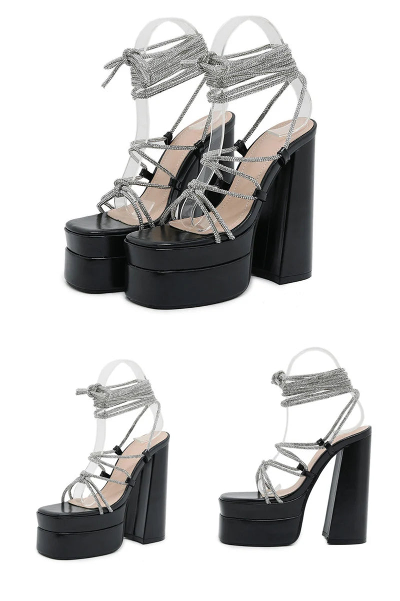 MM2025 New Arrival Rhinestone Embellished Knot T-Strap Heels Roman Peep-toe Summer Sandals Shiny Perfomance Anniversary Footwear Pi-Mart