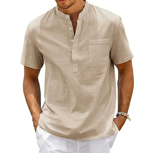 Cotton Linen Shirt Men Henley Neck Pocket Casual Beach Short Sleeve Solid Color Male Tops T-shirts Vintage Streetwear Pi-Mart