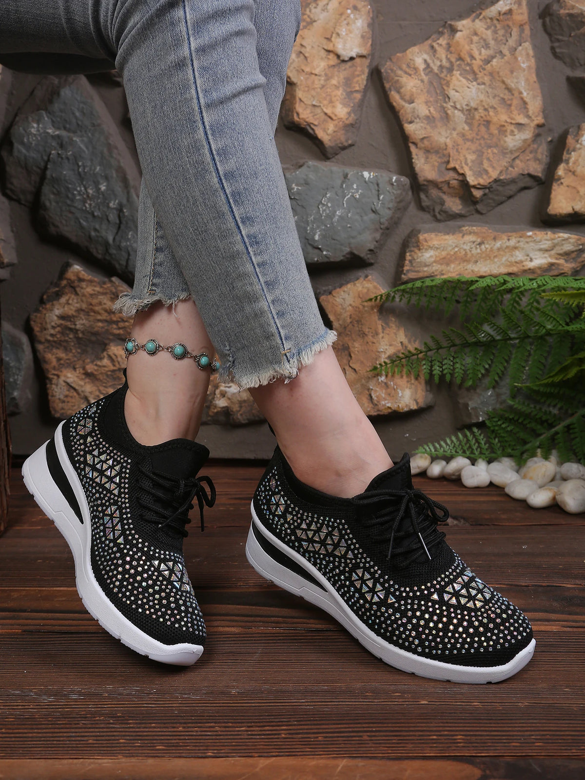 Women's Rhinestone Embellished Knit Mesh Wedge Sneakers, Adjustable Lace-Up Closure, Daily Walking Casual Footwear Pi-Mart