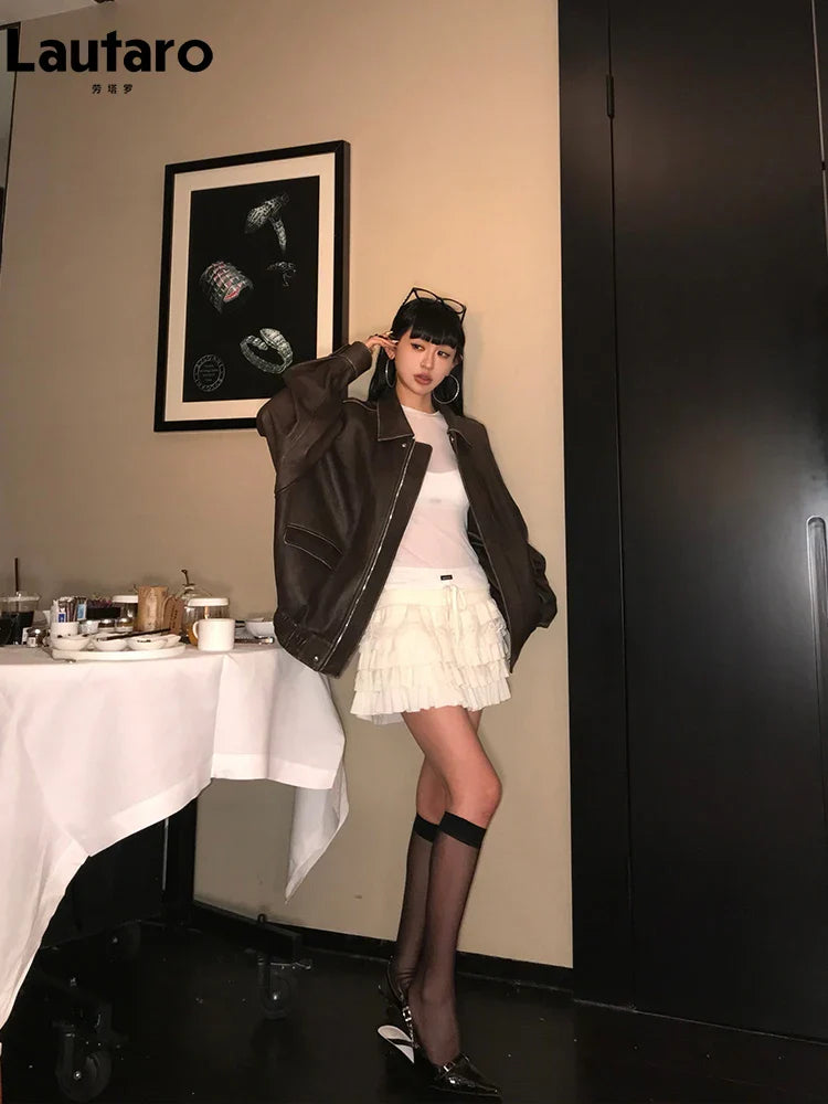 Lautaro Spring Autumn Cool Handsome Retro Oversized Distressed Brown Soft Faux Leather Jackets for Women Zipper Runway Fashion LadyShow.Store