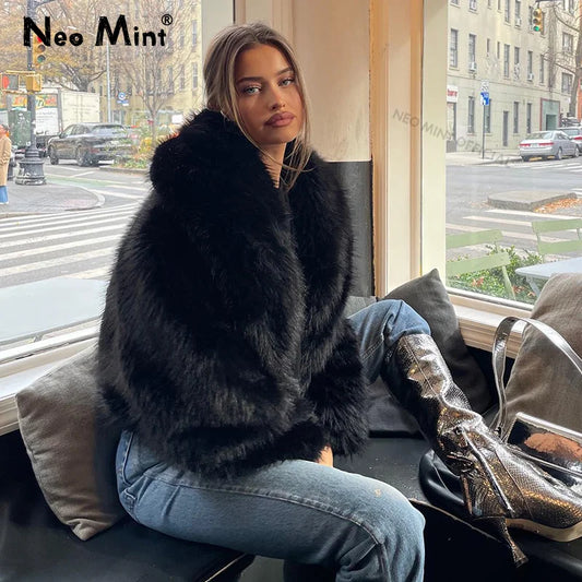 Neo Mint Street Fashion Shawl Collar Faux Fox Fur Coat Women 2024 Winter Cool Girls Black Short Fur Jacket Vintage Chic Overcoat LadyShow.Store