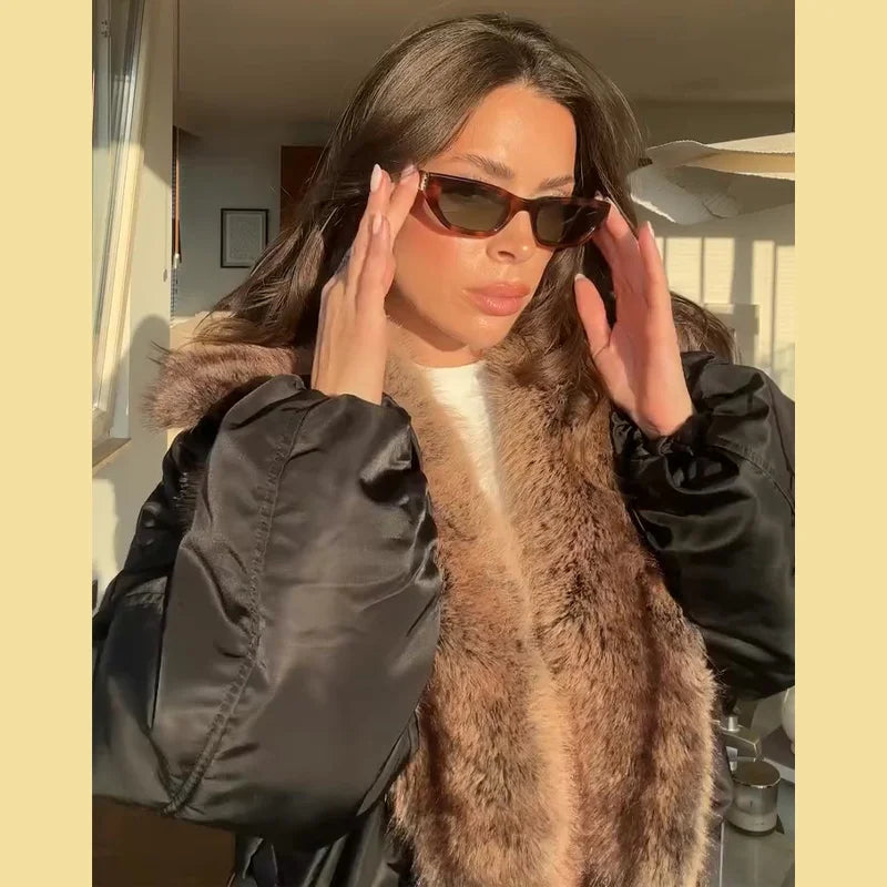 Fashion Faux Fur Patchwork Cotton Coat Women Lapel Zipper Pocket Cropped Street Warm Jacket 2026 Winter Lady Puffer Jackets New Pi-Mart