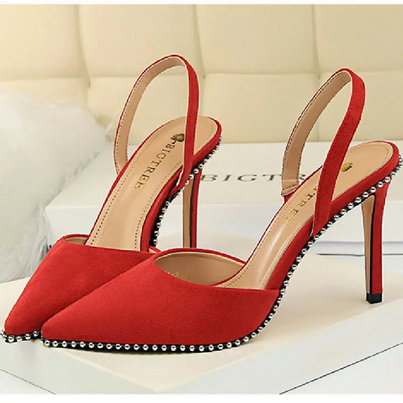 Branded Rivet Studded Beaded Design Sandals Women Summer Sexy Pointed Toe Thin High Heels Elegant Wedding Slide Pumps for Ladies LadyShow.Store