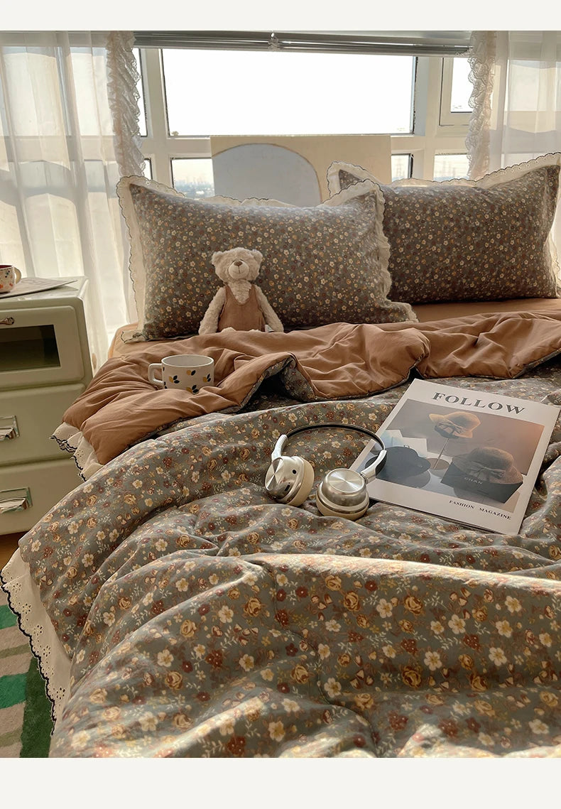 Summer Quilt Korean Style Duvet with Lace Single/Queen Size Comforter Flower Printed Quilted Blanket 여름이불 (No Pillowcase) Pi-Mart