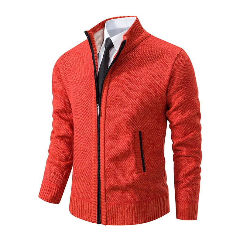 Autumn And Winter New Jersey Men's Casual Sports Coat Solid Color Stand Collar Wweater Grab Fleece Warm Zipper Cardigan Pi-Mart