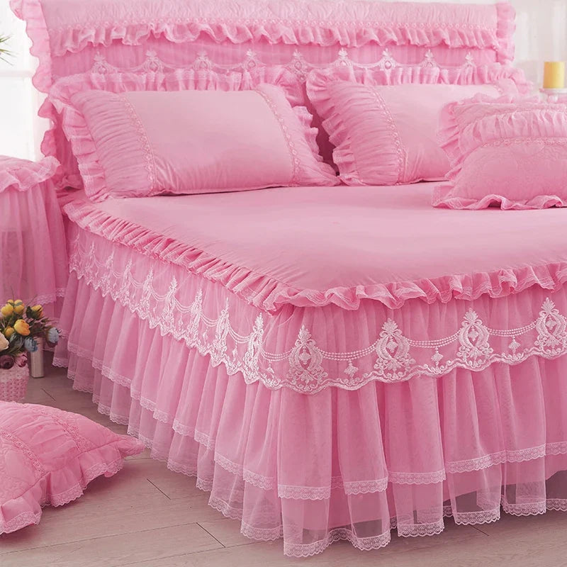 1 Piece Lace Bed Skirt +2pieces Pillowcases bedding set Princess Bedding Bedspreads sheet Bed For Girl bed Cover King/Queen size LadyShow.Store