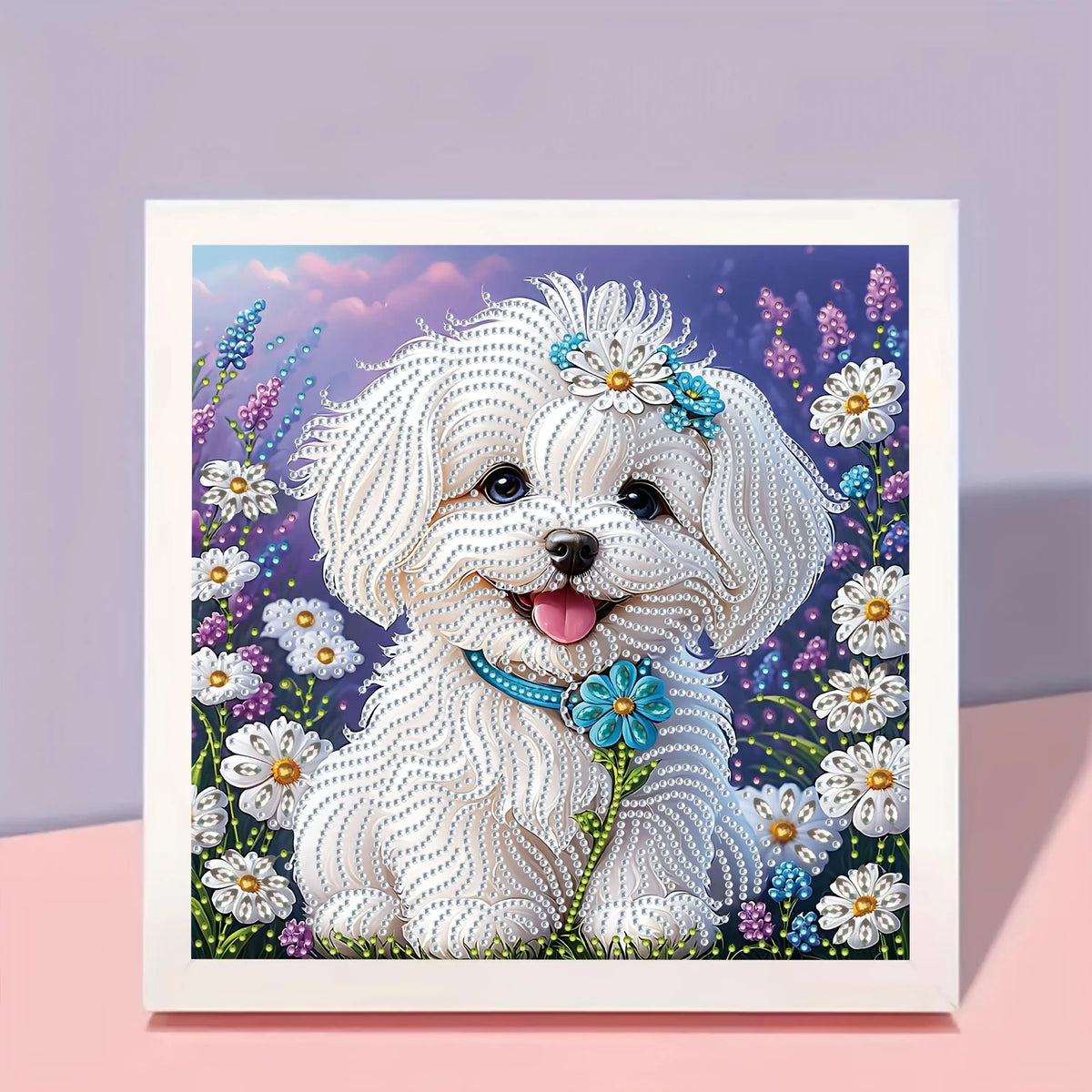 A set of "White Puppy Wearing Flowers" 5D Diamond Painting Kit, DIY handmade craft, partially adorned with irregular diamonds Pi-Mart
