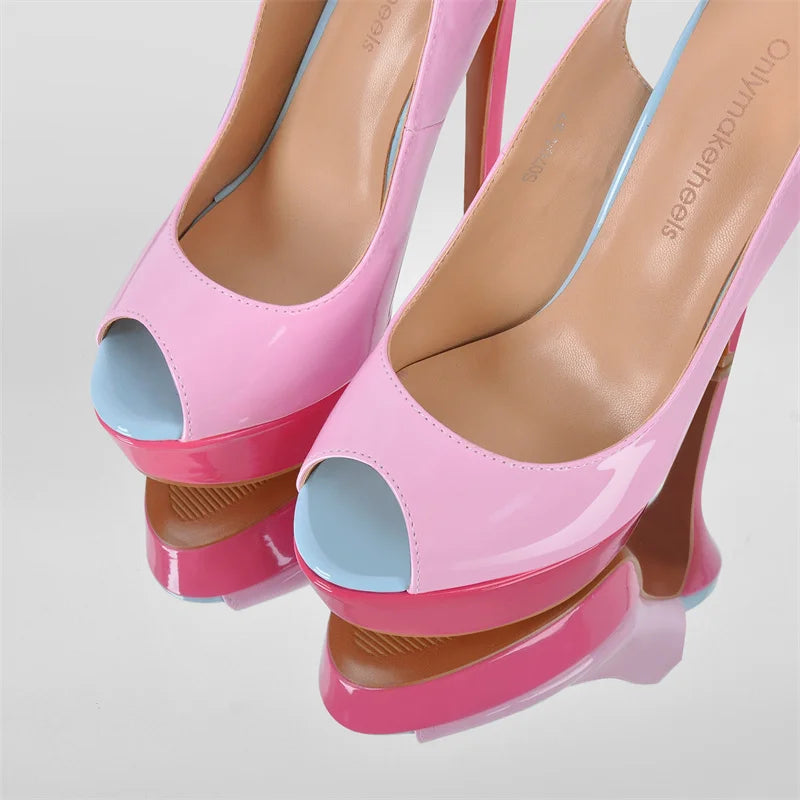 Onlymaker Pink Patent Leather Peep Toe Platform Stilettos Sandals Thin Heel Sexy Buckle Strap  Party Slingback Sandals LadyShow.Store