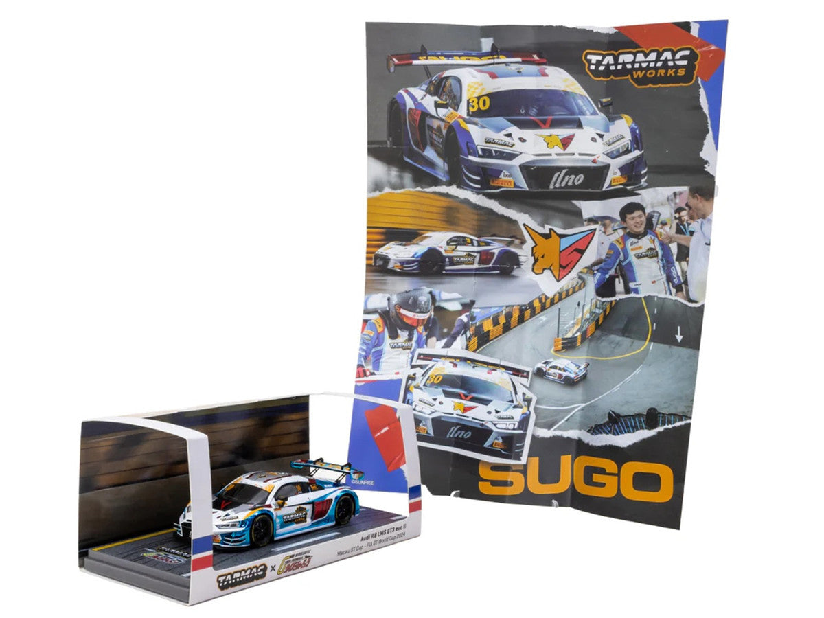 Audi R8 LMS GT3 evo II #30 James Yu "Uno Racing Team" "Macau GT Cup - FIA GT World Cup" (2024) with A4 Poster "Hobby43" Series 1/43 Diecast Model Car by Tarmac Works LuxuryLifeWay Online Store