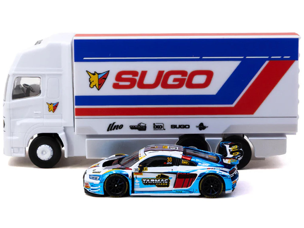 Audi R8 LMS GT3 evo II #30 James Yu "Uno Racing Team" "Macau GT Cup - FIA GT World Cup" (2024) with Plastic Transporter Packaging and Collectible Tarmac Cards "Hobby64" Series 1/64 Diecast Model Car by Tarmac Works LuxuryLifeWay Online Store