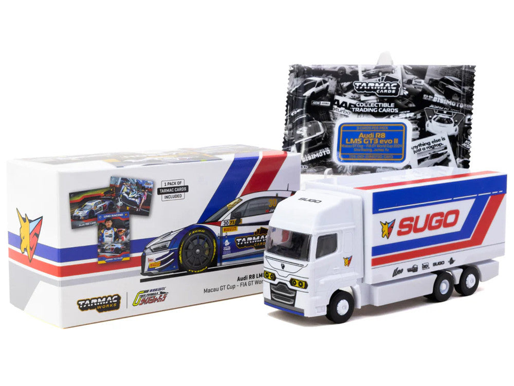 Audi R8 LMS GT3 evo II #30 James Yu "Uno Racing Team" "Macau GT Cup - FIA GT World Cup" (2024) with Plastic Transporter Packaging and Collectible Tarmac Cards "Hobby64" Series 1/64 Diecast Model Car by Tarmac Works LuxuryLifeWay Online Store