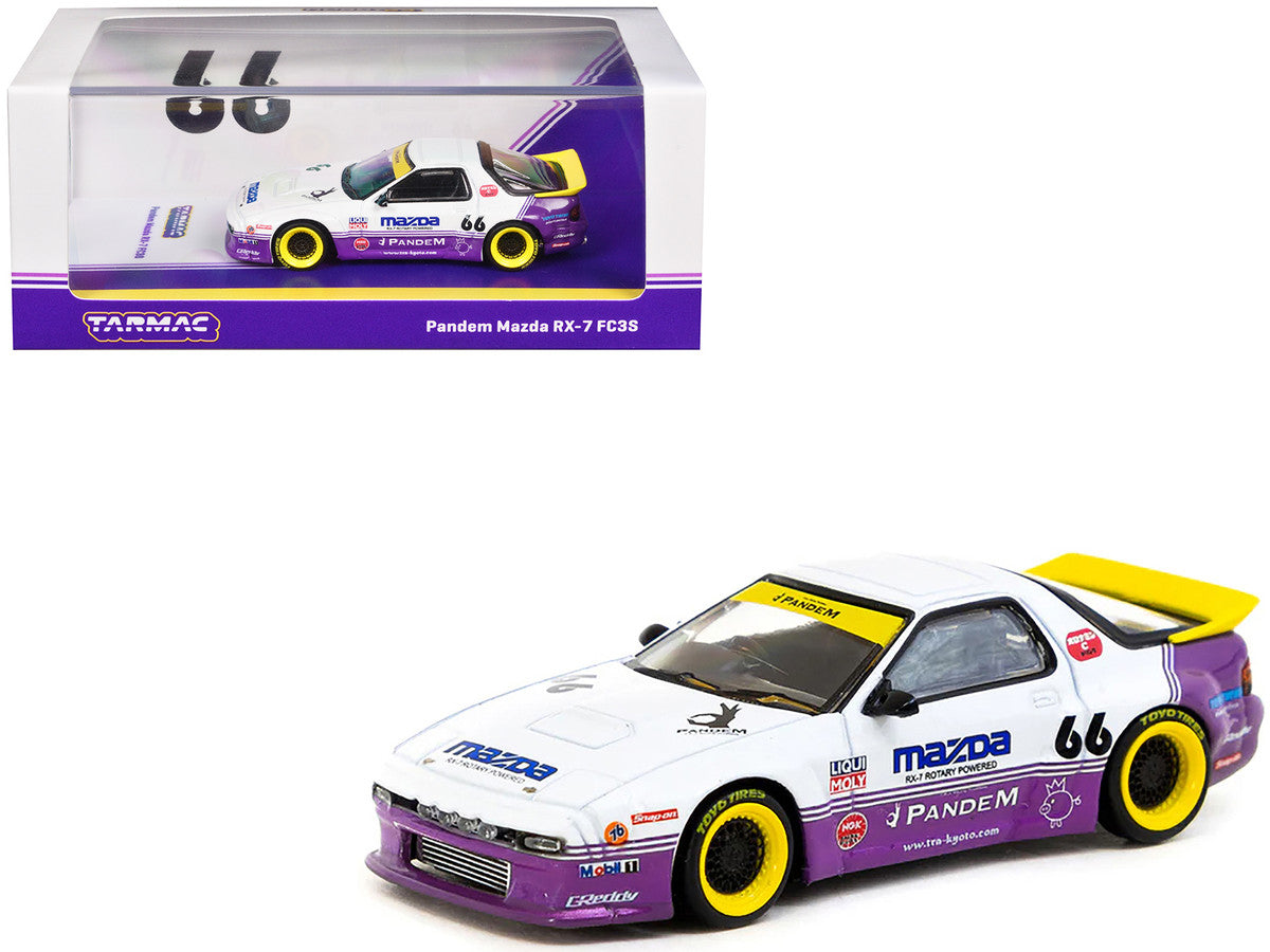 Mazda RX-7 FC3S Pandem RHD (Right Hand Drive) #66 White and Purple with Graphics "Hobby64" Series 1/64 Diecast Model Car by Tarmac Works LuxuryLifeWay Online Store