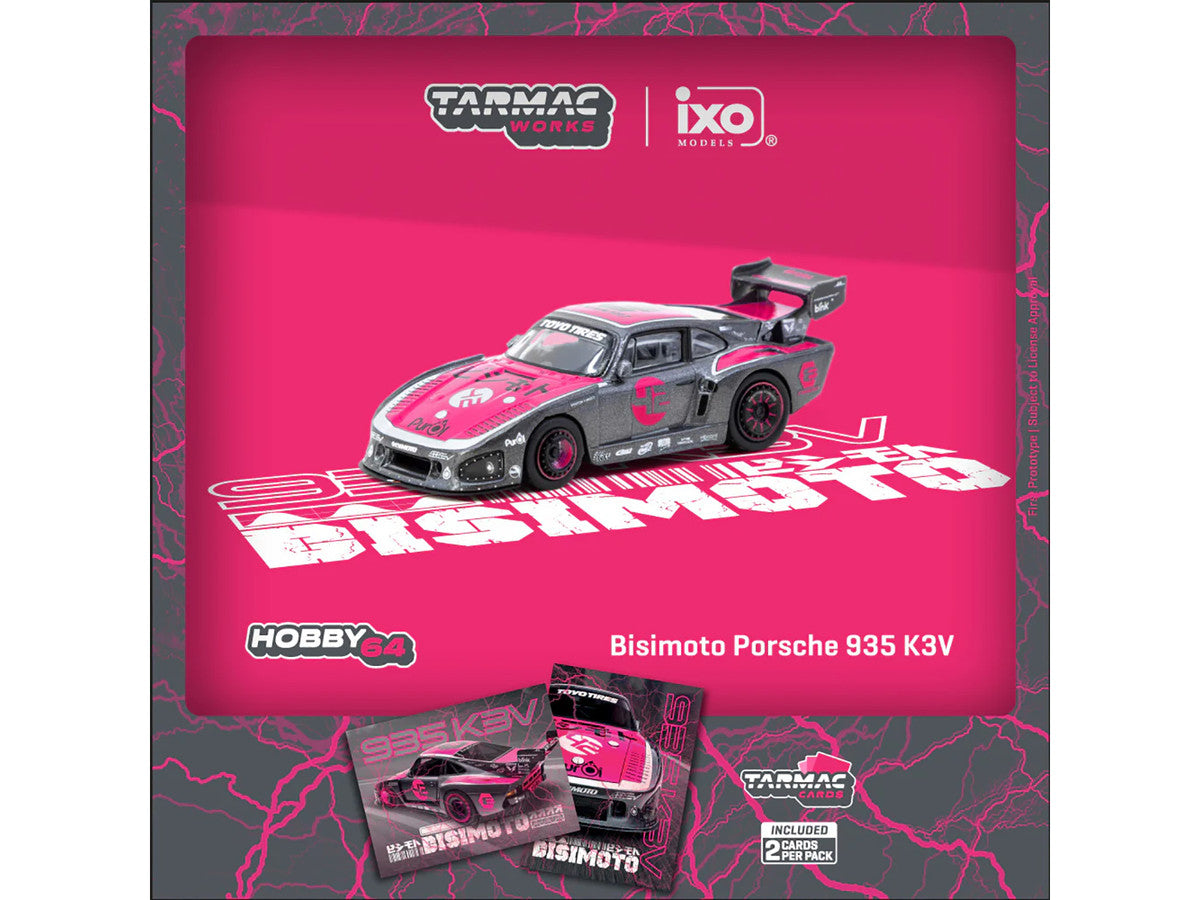 Porsche 935 K3V Bisimoto Gray Metallic with Pink Hood and Top with Tarmac Cards "Hobby64" Series 1/64 Diecast Model by Tarmac Works LuxuryLifeWay Online Store