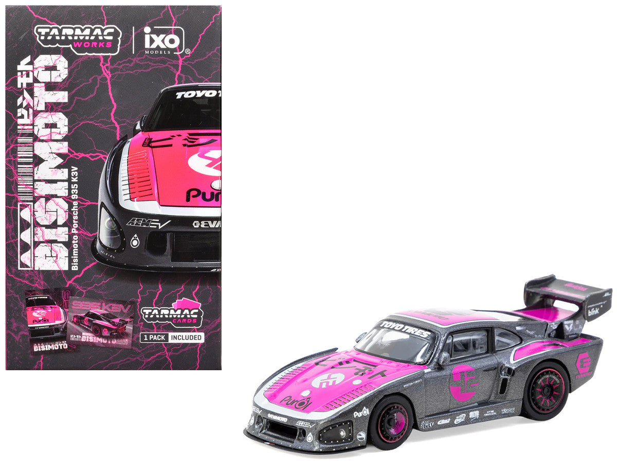Porsche 935 K3V Bisimoto Gray Metallic with Pink Hood and Top with Tarmac Cards "Hobby64" Series 1/64 Diecast Model by Tarmac Works LuxuryLifeWay Online Store