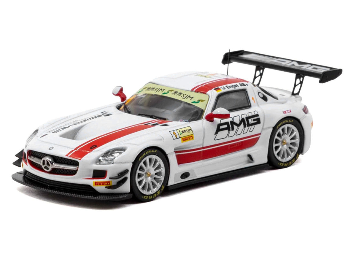 Mercedes-Benz SLS AMG GT3 #1 Maro Engel Winner "Macau GT Cup - FIA GT World Cup" (2015) with Tarmac Cards "Hobby64" Series 1/64 Diecast Model Car by Tarmac Works LuxuryLifeWay Online Store