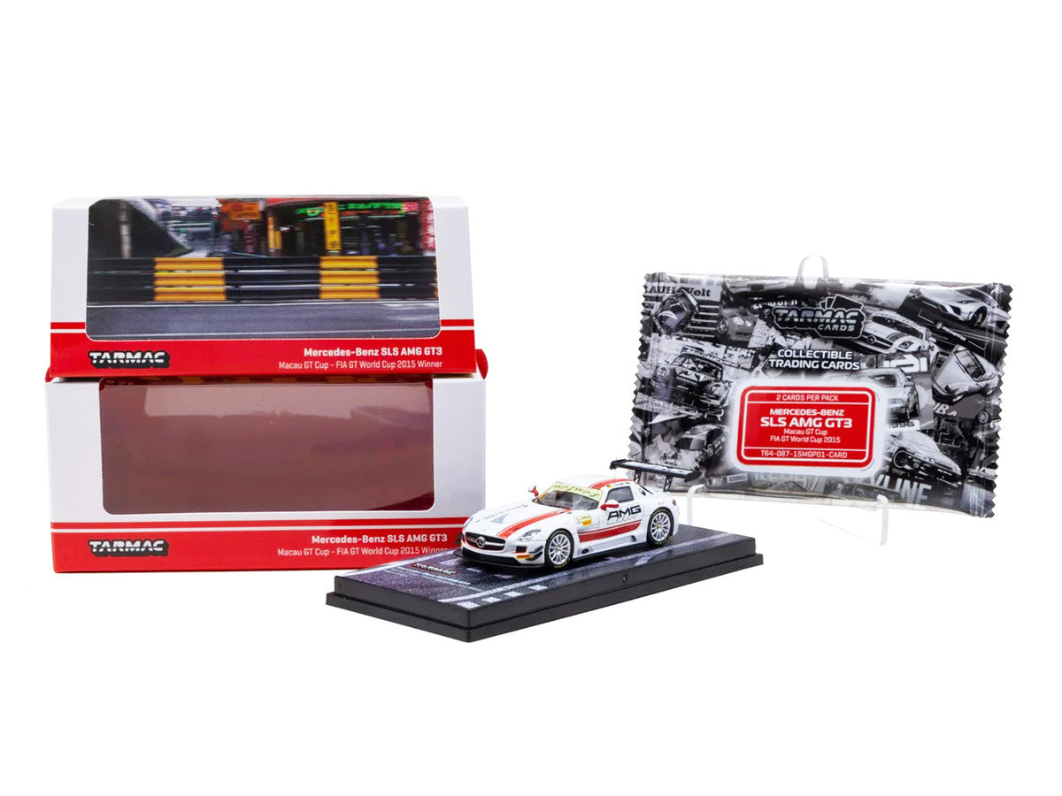 Mercedes-Benz SLS AMG GT3 #1 Maro Engel Winner "Macau GT Cup - FIA GT World Cup" (2015) with Tarmac Cards "Hobby64" Series 1/64 Diecast Model Car by Tarmac Works LuxuryLifeWay Online Store