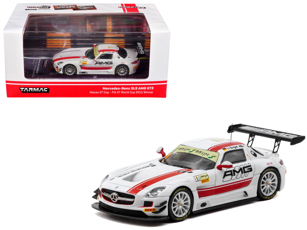 Mercedes-Benz SLS AMG GT3 #1 Maro Engel Winner "Macau GT Cup - FIA GT World Cup" (2015) with Tarmac Cards "Hobby64" Series 1/64 Diecast Model Car by Tarmac Works LuxuryLifeWay Online Store
