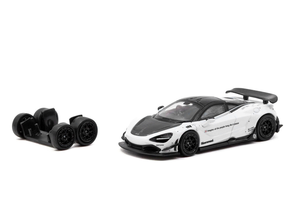 LB-Works 720S White with Carbon Hood and Black Top with Extra Wheels "Hobby64" Series 1/64 Diecast Model Car by Tarmac Works LuxuryLifeWay Online Store