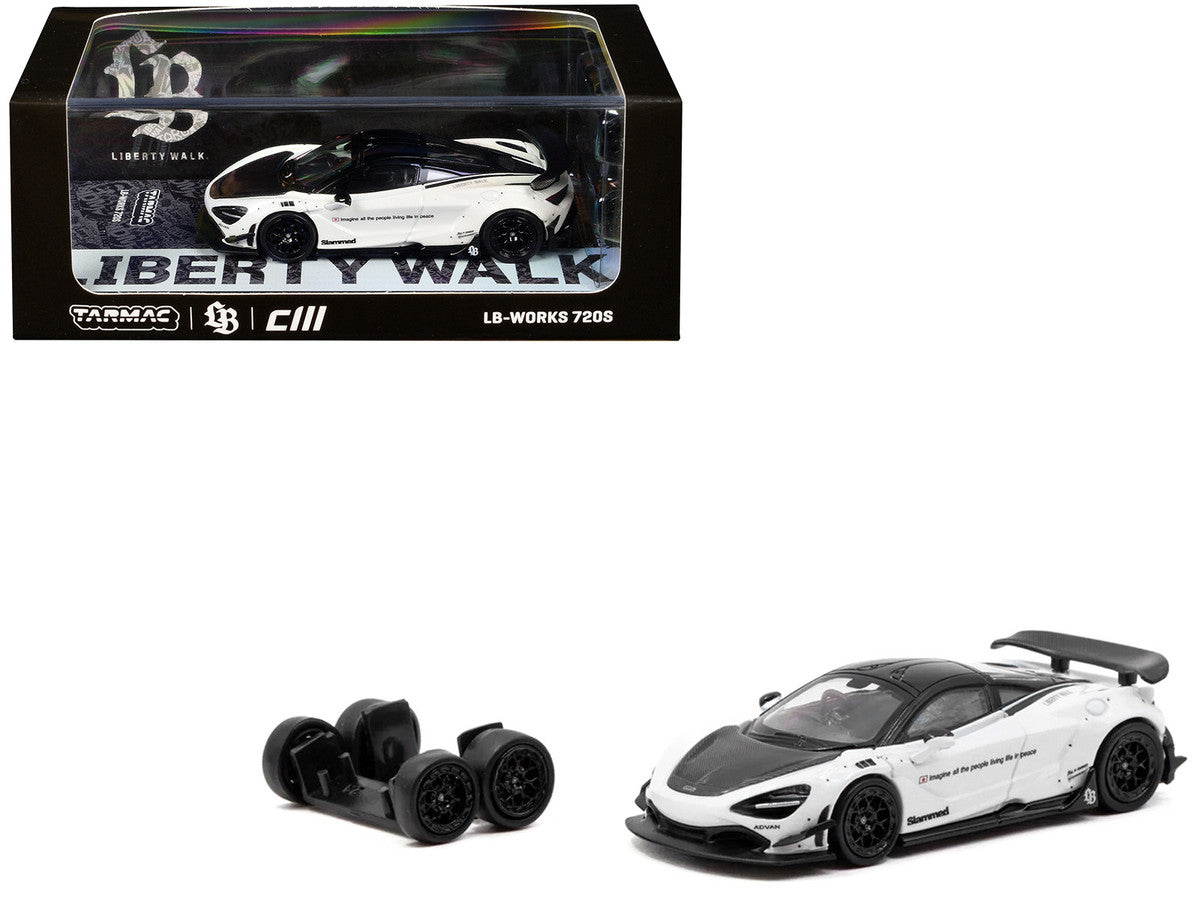 LB-Works 720S White with Carbon Hood and Black Top with Extra Wheels "Hobby64" Series 1/64 Diecast Model Car by Tarmac Works LuxuryLifeWay Online Store