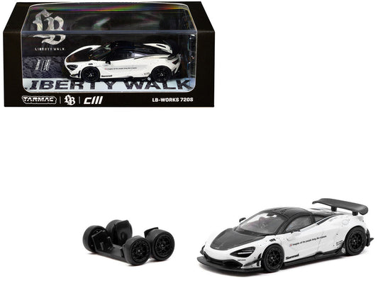 LB-Works 720S White with Carbon Hood and Black Top with Extra Wheels "Hobby64" Series 1/64 Diecast Model Car by Tarmac Works LuxuryLifeWay Online Store