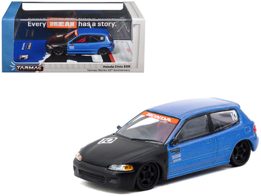 Honda Civic EG6 RHD (Right Hand Drive) #10 "Tarmac Works 10th Anniversary" Blue Metallic and Matt Black "Hobby64" Series 1/64 Diecast Model Car by Tarmac Works LuxuryLifeWay Online Store