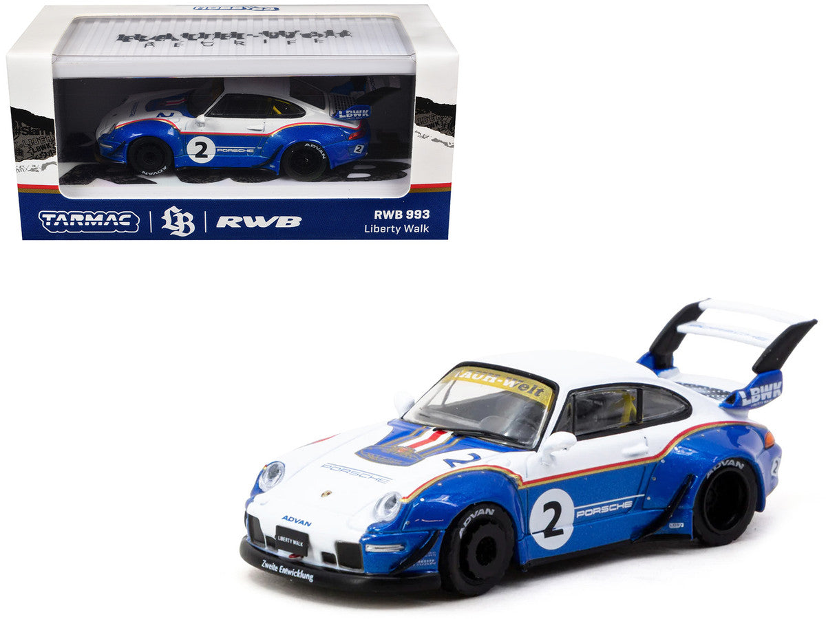 RWB 993 #2 "Liberty Walk" White and Blue Metallic with Container Packaging "Hobby64" Series 1/64 Diecast Model Car by Tarmac Works LuxuryLifeWay Online Store