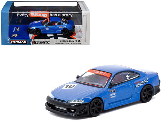Nissan Vertex Silvia (S15) RHD (Right Hand Drive) #10 "Tarmac Works 10th Anniversary" Blue Metallic "Global64" 1/64 Diecast Model Car by Tarmac Works LuxuryLifeWay Online Store