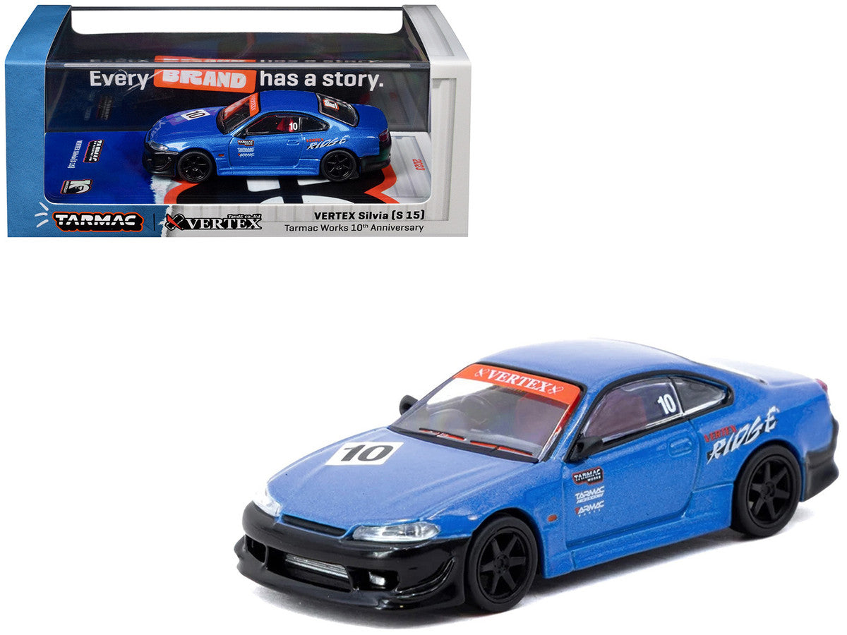 Nissan Vertex Silvia (S15) RHD (Right Hand Drive) #10 "Tarmac Works 10th Anniversary" Blue Metallic "Global64" 1/64 Diecast Model Car by Tarmac Works LuxuryLifeWay Online Store